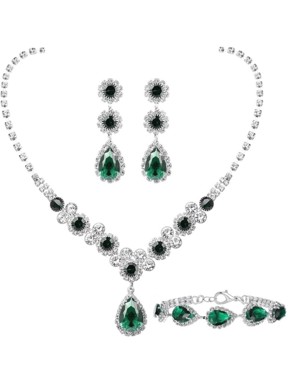 Elegant Silver Gold Rhinestone Crystal Bridal Earrings & Bracelet Set for